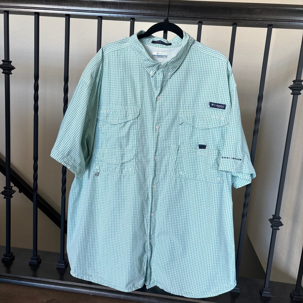 Columbia Size 3X PFG Super Bonehead Omni Shade Green White Check Fishing Shirt